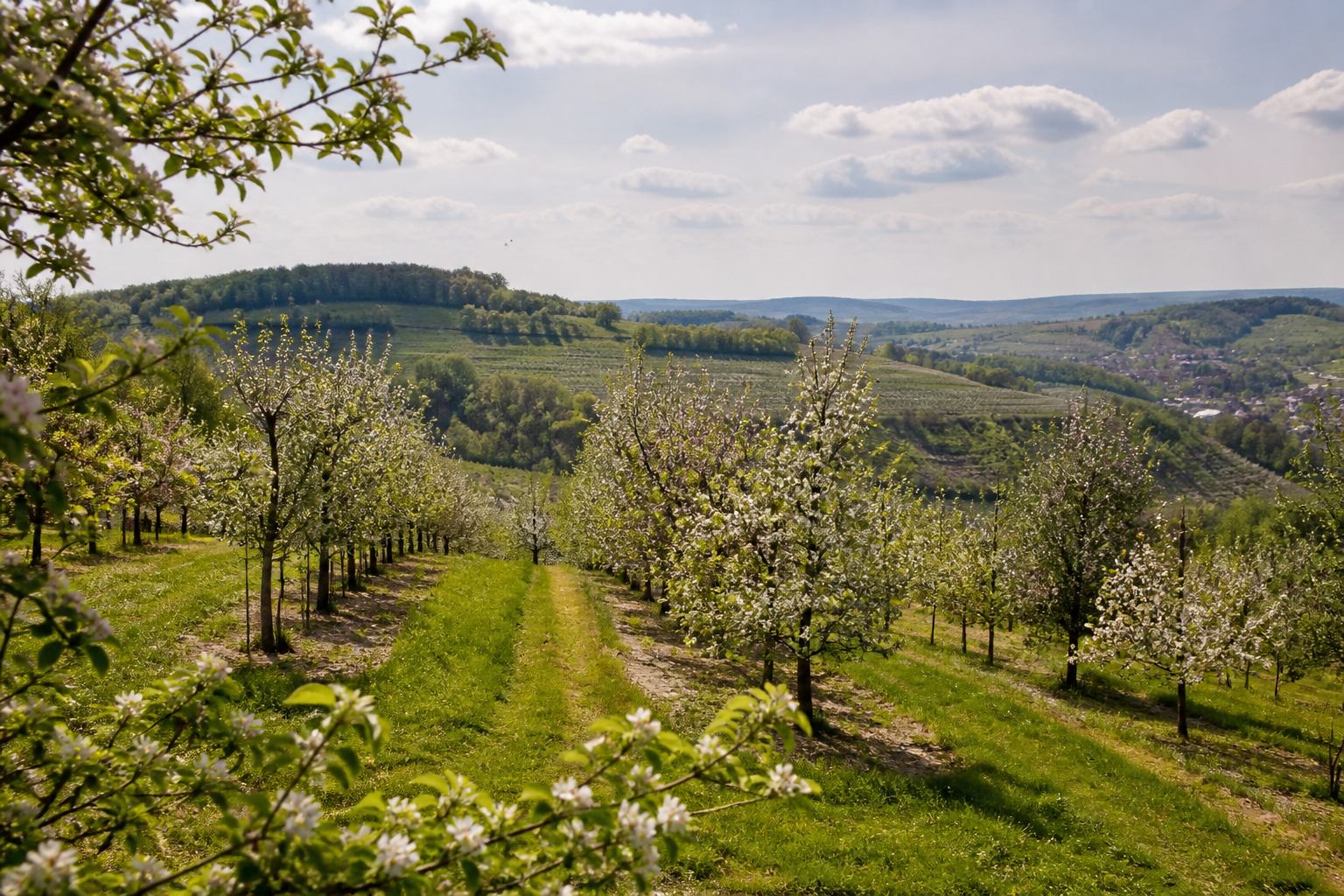 Blühende Obstgärten auf Hügeln bei Forchheim